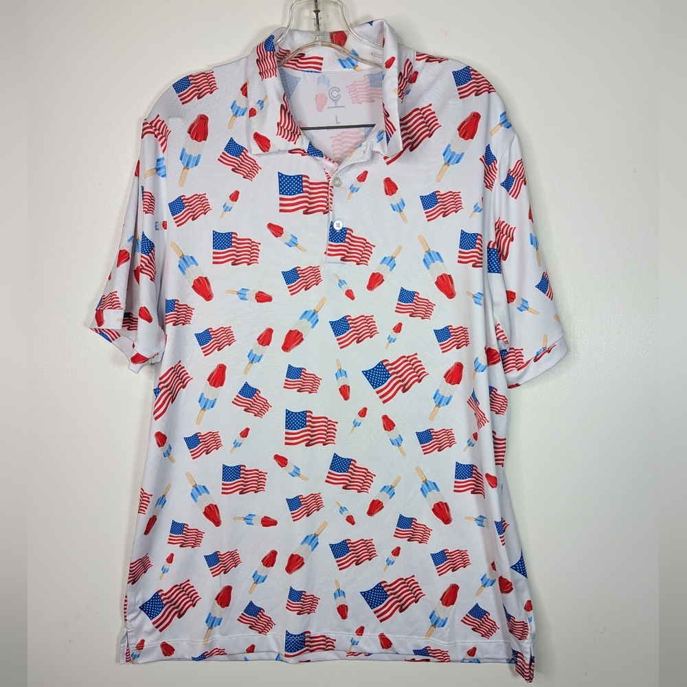 C Red and White Polo Shirt with Patriotic Design